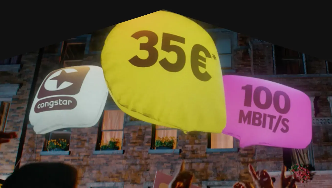 Bild von Luftballons mit Schrift: 100 Mbit/s, 35 €